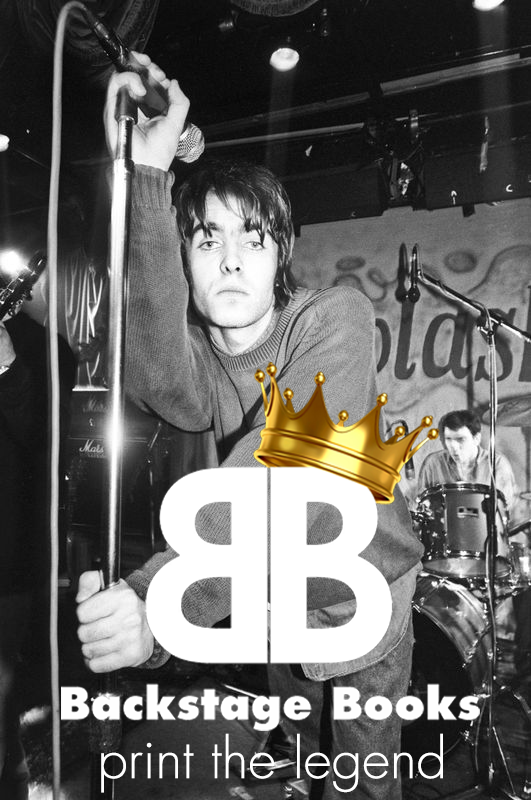 print the legend - the Backstage Books lockup over a live shot, singer at the mic